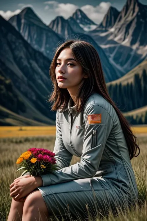 professional photo of a beautiful woman in grey space suit sitting in a tall grass, holding flowers, field, green colors, mountains in the background, warm colors, sunlight, contrast, film grain, photoshoot