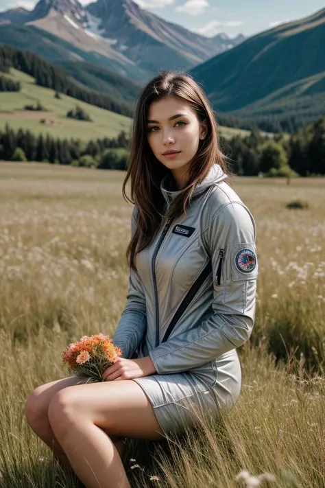 professional photo of a beautiful woman in  grey space suit sitting in a tall grass, holding flowers, field, green colors, mountains in the background, warm colors, sunlight, contrast, film grain, photoshoot
<lora:DETAIL_SLIDER_BY_STABLE_YOGI:0.8>