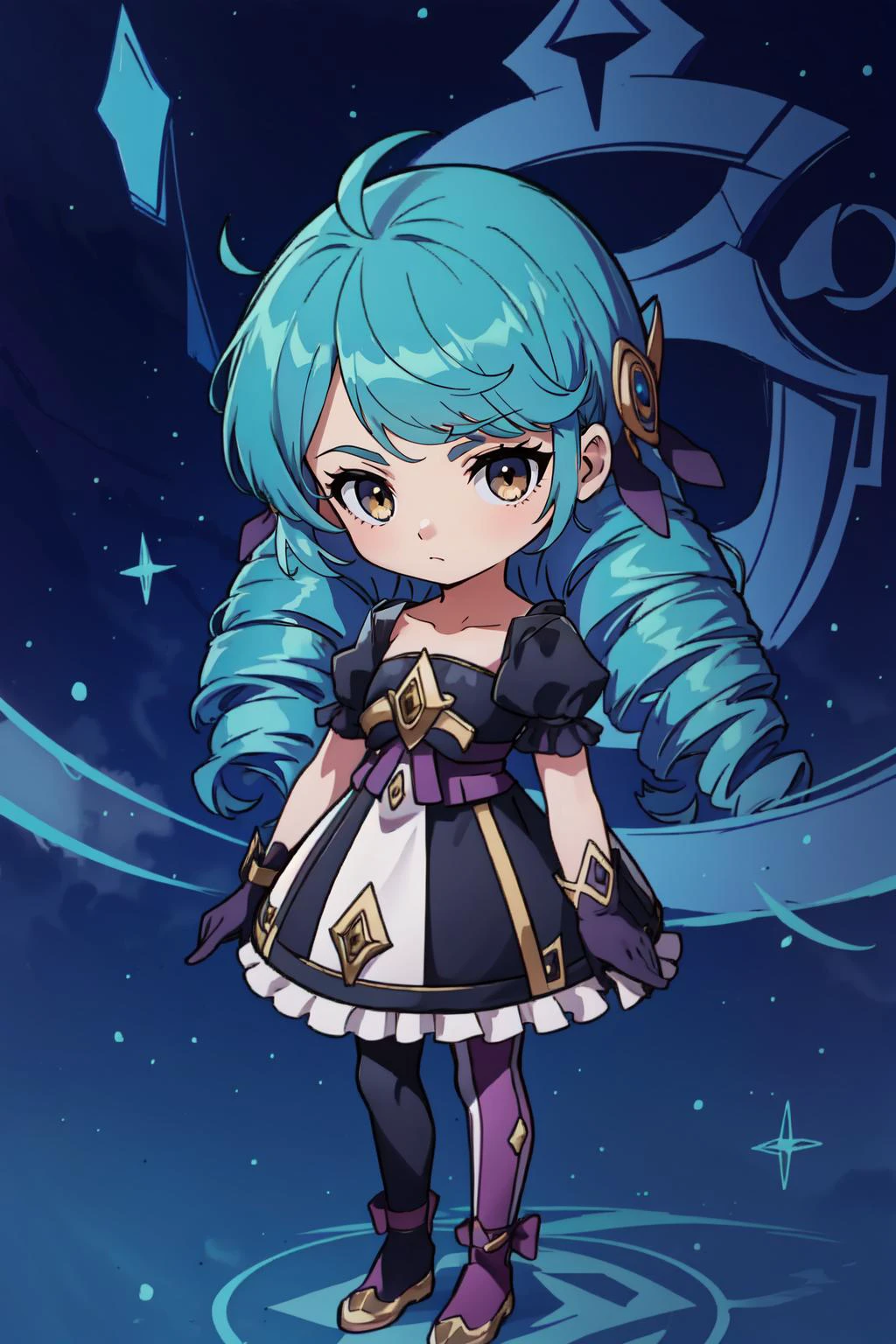 (masterpiece, best quality), intricate details, (fractal art:1.2),
(1girl),<lyco:GoodHands-beta2:1>
<lora:Gwen:0.8> twin drills, frilled dress,ahoge, puffy sleeves, asymmetrical legwear,gloves,
<lora:maplestory20:0.8> chibi,