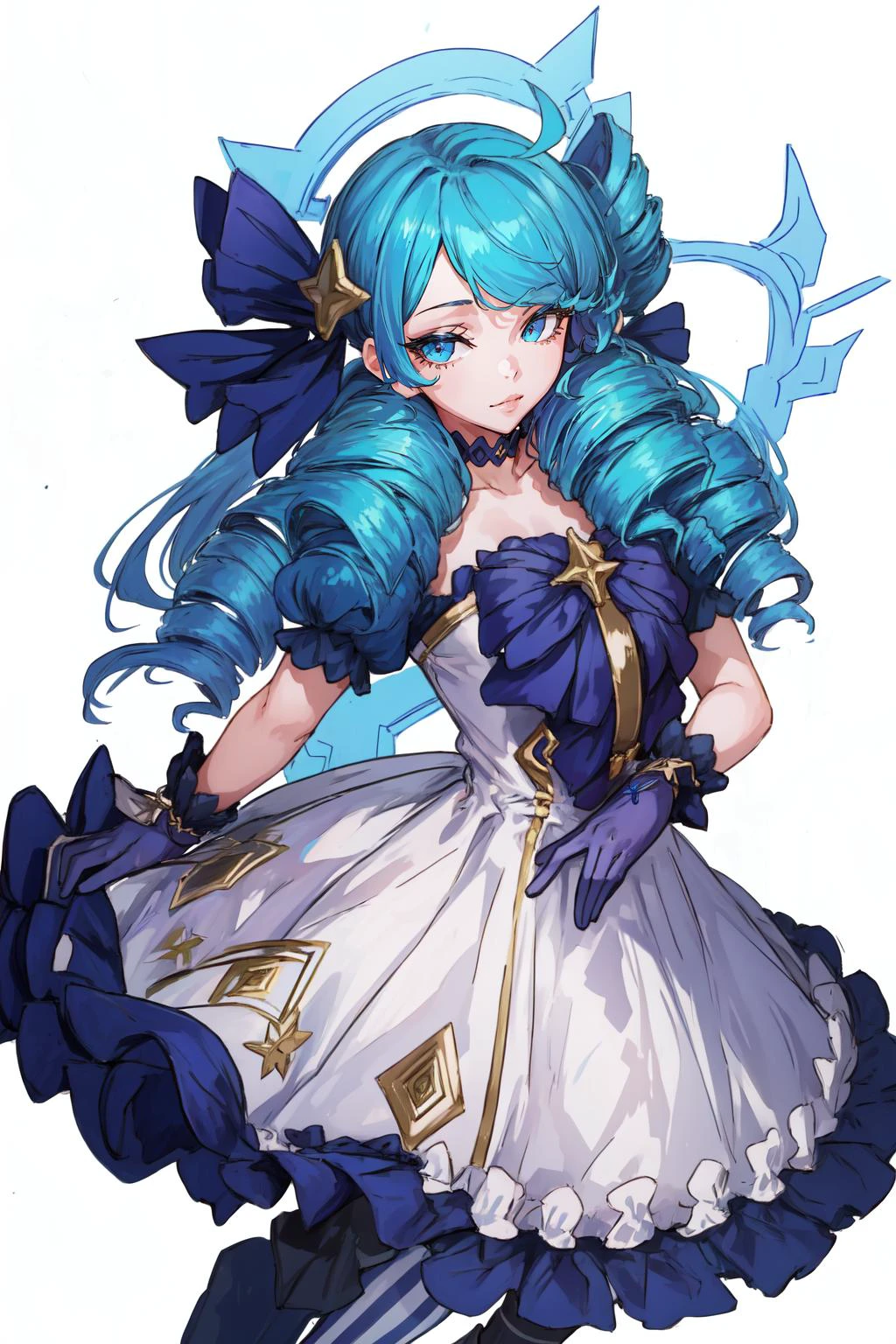 (masterpiece, best quality), intricate details,
1girl, <lora:Gwen:0.8> twin drills, frilled dress,ahoge, puffy sleeves, asymmetrical legwear,gloves,