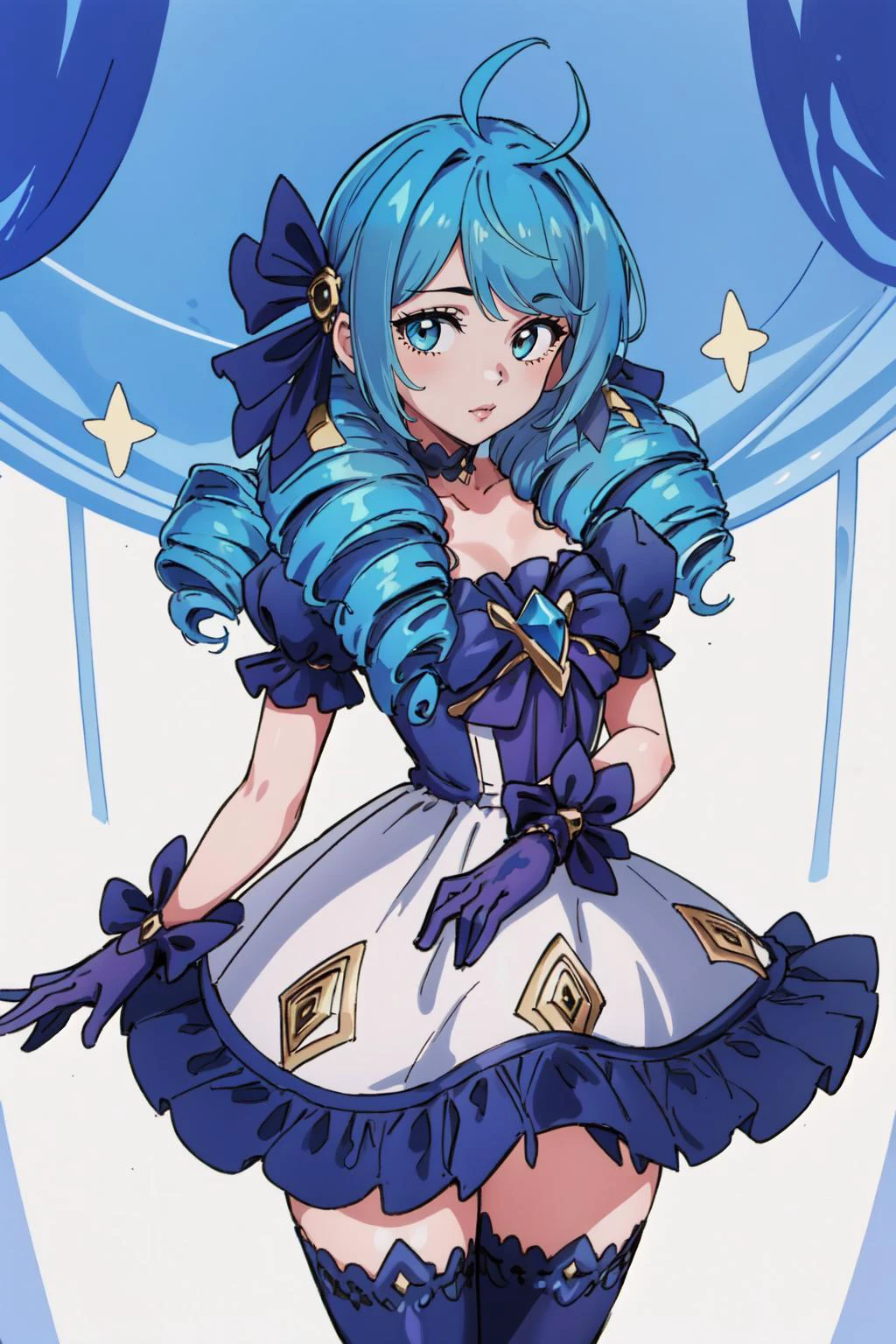 (masterpiece, best quality), intricate details,
1girl, <lora:Gwen:0.8> twin drills, frilled dress,ahoge, puffy sleeves, asymmetrical legwear,gloves,