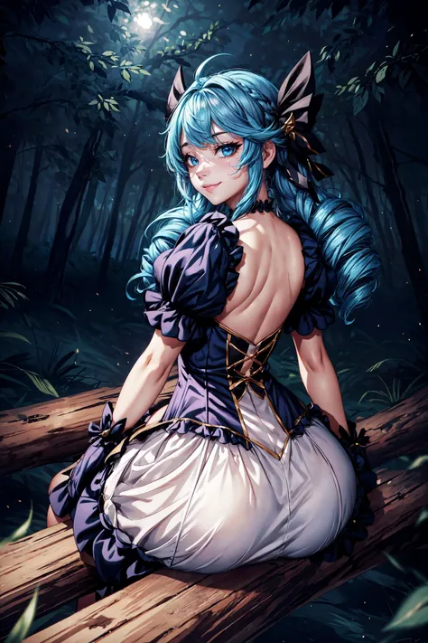 1girl,twin drills,blue hair, (frilled dress),ahoge, puffy sleeves, asymmetrical legwear,gloves,(dress:1.3)(skirt:1.4),smile,smiling,happy face,happy expression,thicc,thick thighs,curvy,(from behind:1.4),forest,dark forest,magic forest,night,darkness,sky,(ass support),(sit),(sit on log:1.3),masterpiece,extremely detailed CG unity 8k wallpaper, best quality,32k,focus sharp, <lora:Gwen:0.7>, <lora:add_detail:1>, <lora:Light and Shadow:0.5>, <lora:ass_support_object_v0.2:0.6>