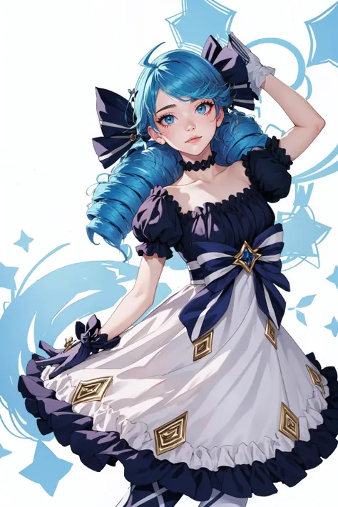 (masterpiece, best quality),  intricate details,
1girl,   <lora:Gwen:0.8> twin drills, frilled dress,ahoge, puffy sleeves, asymmetrical legwear,gloves,