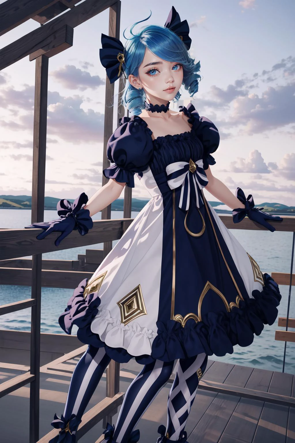 (masterpiece, best quality), intricate details,
1girl, <lora:Gwen:0.8> twin drills, frilled dress,ahoge, puffy sleeves, asymmetrical legwear,gloves,