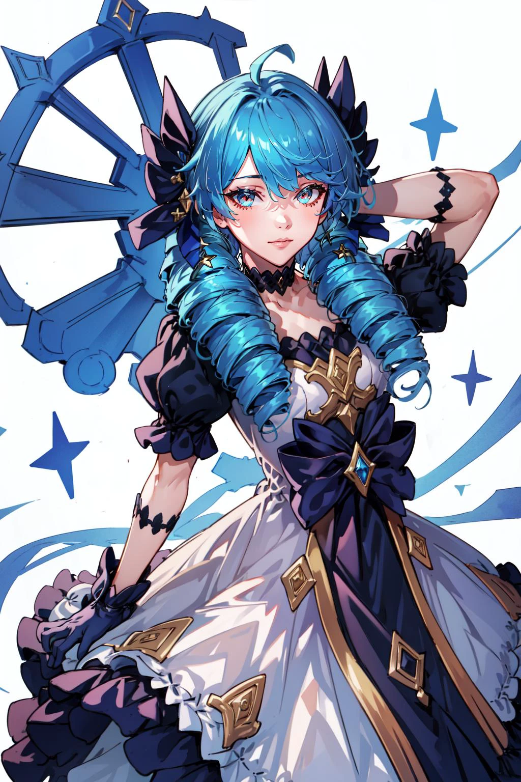 (masterpiece, best quality), intricate details,
1girl, <lora:Gwen:0.8> twin drills, frilled dress,ahoge, puffy sleeves, asymmetrical legwear,gloves,