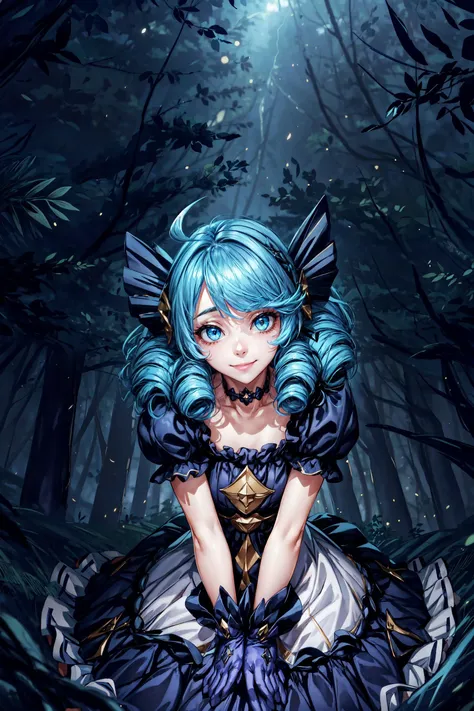 1girl,twin drills,blue hair, frilled dress,ahoge, puffy sleeves, asymmetrical legwear,gloves,smile,smiling,happy face,happy expression,sit,crouched,looking at viewer,hands on knees,(from below:1.4),forest,dark forest,magic forest,night,darkness,sky,masterpiece,extremely detailed CG unity 8k wallpaper, best quality,32k,focus sharp, <lora:Gwen:0.7>, <lora:add_detail:1>, <lora:Light and Shadow:0.5>