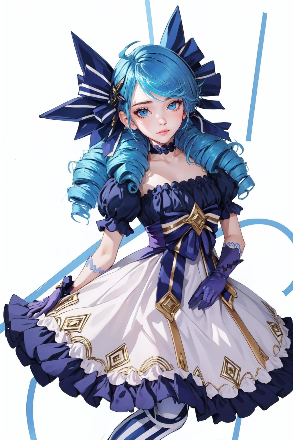 (masterpiece, best quality), intricate details,
1girl, <lora:Gwen:0.8> twin drills, frilled dress,ahoge, puffy sleeves, asymmetrical legwear,gloves,