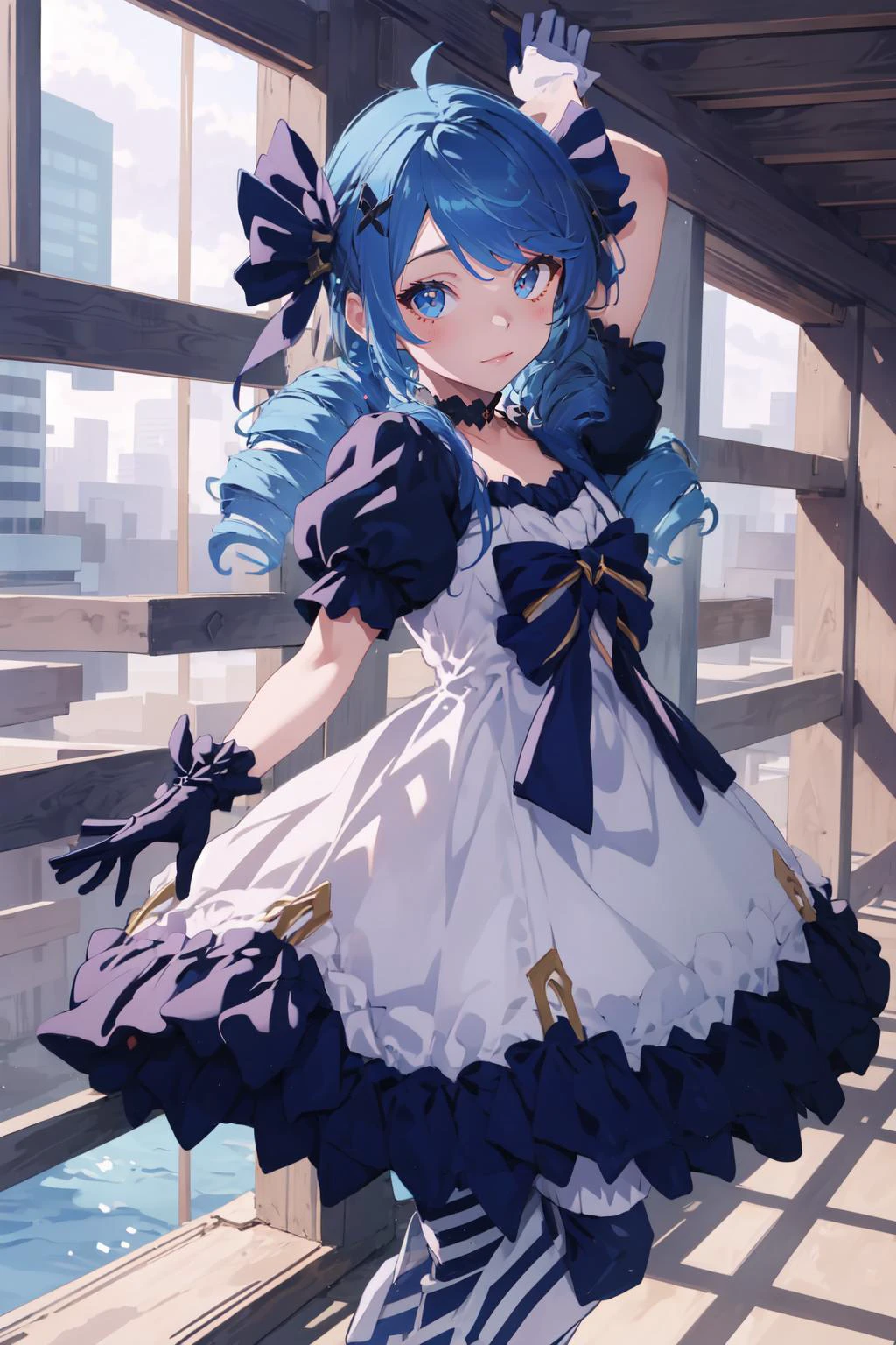 (masterpiece, best quality), intricate details,
1girl, <lora:Gwen:0.8> twin drills, frilled dress,ahoge, puffy sleeves, asymmetrical legwear,gloves,