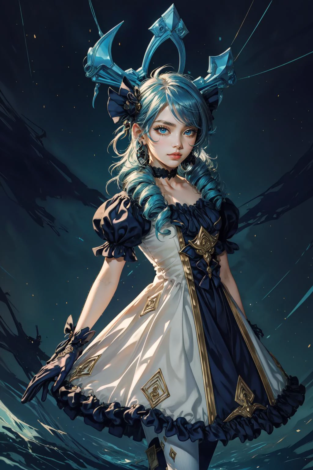 (masterpiece, best quality), intricate details, (fractal art:1.2),
(1girl),<lyco:GoodHands-beta2:1>
<lora:Gwen:0.8> twin drills, frilled dress,ahoge, puffy sleeves, asymmetrical legwear,gloves,