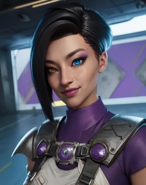 rhapsody, heterochromia,  black hair,  light smile, 
armor, purple shirt, vest, 
standing, upper body, 
science fiction,  club, 
(insanely detailed, beautiful detailed face,beautiful detailed eyes, masterpiece, best quality),solo,  <lora:rhapsody:0.8>