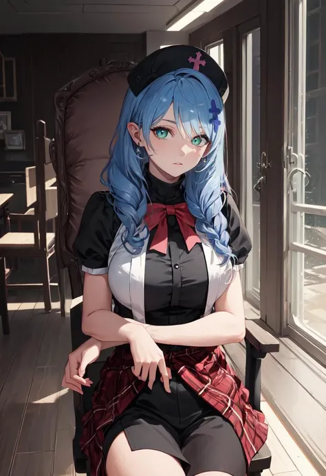(safe:1.10), best quality, masterpiece, highres, solo, (mine_bluearchive:1.10), sitting, sitting on chair, chair, cowboy shot, looking at viewer, 23 <lora:mine_bluearchive:0.80>