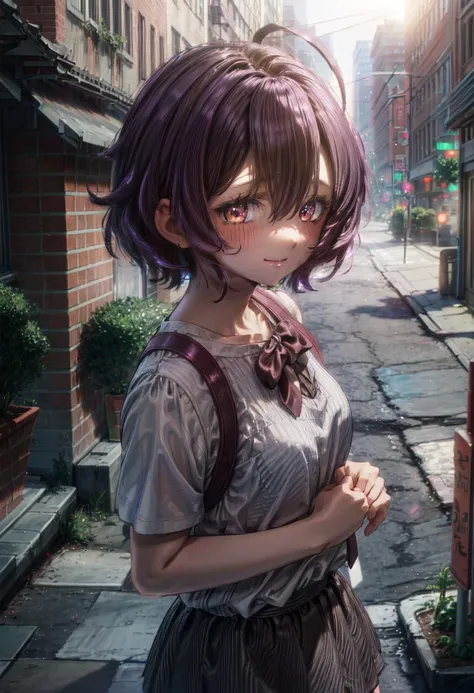 (volumetric lighting, Highres), beautiful, (masterpiece), nsfw, perfect face, nice eyes and face, (super detailed), detailed face and eyes, textured skin, absurdres, highres, 1girl, <lora:more_details:0.4>, <lora:hiiragi_utena:0.7>,utena_wz, short hair, purple hair, ahoge, brown eyes,hair between eyes, black shirt, t-shirt, red miniskirt, upper body, 35mm, walking, city, street, highly detailed background, outdoors, portrait, looking at viewer, nervous smile, light blush<lora:add_detail:.6> <lora:hairdetailer:0.6>