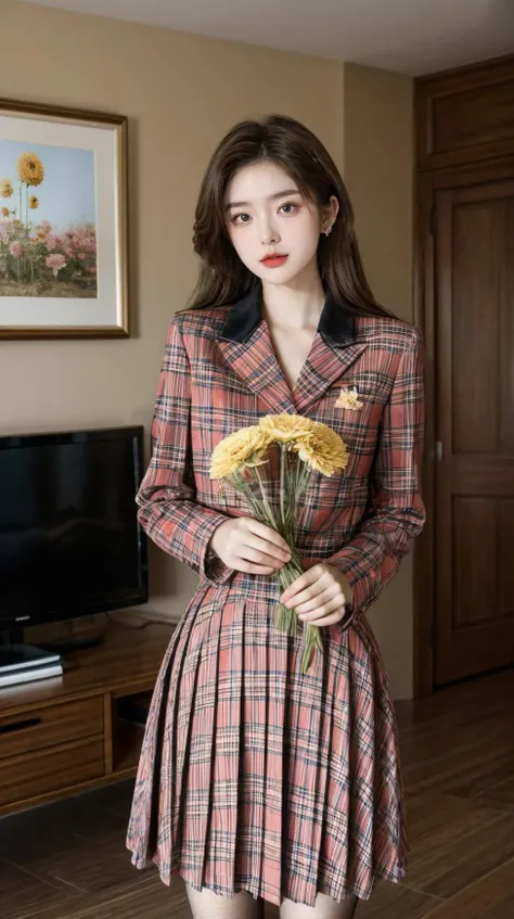 best quality,HDR,UHD,8K,Vivid Colors,solo,front view,photo_(medium),(1girl:1.3),(looking at viewer:1.4),
<lora:add_detail:0.8>,cowboy shot,standing,outside,sky,living room,(holding flower:1.4),<lora:Mis13:0.7>,MIS,