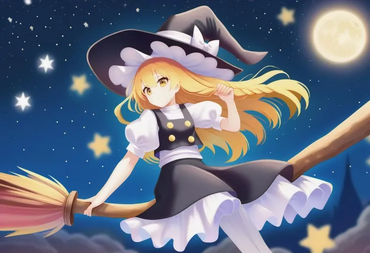kirisame marisa is flying on a witch's broom under a starry sky, <lora:marisa_xl:1>,