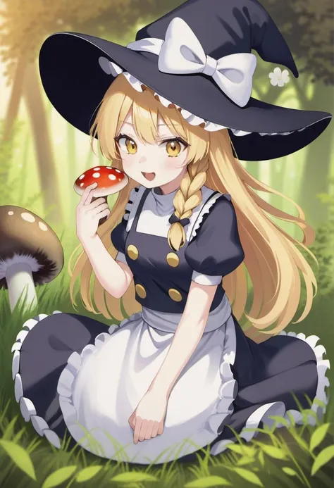 kirisame marisa is eating a mushroom <lora:marisa_xl:0.6>,