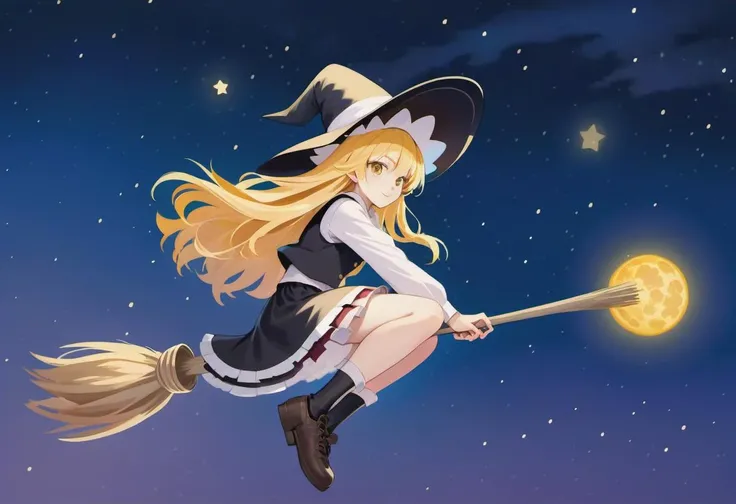 kirisame marisa is flying on a witch's broom under a starry sky, <lora:marisa_xl:0.6>,