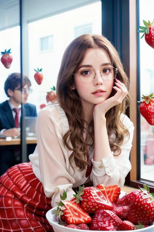 best quality, professional lighting, super detailed, realistic, beautiful detailed eyes,indoor office, <lora:StrawberryWorld:0.6> strawberryworld,strawberry,kneeling <lora:Sexy_Office_Lady:0.2> glasses