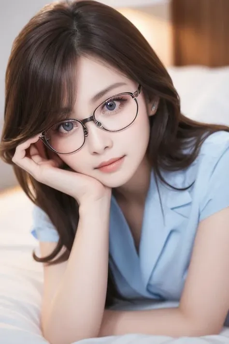 best quality, perfect skin, beautiful detailed eyes, looking at viewer, cowgirl shot ,<lora:Sexy_Office_Lady:0.3>office lady,glasses, lying on bed