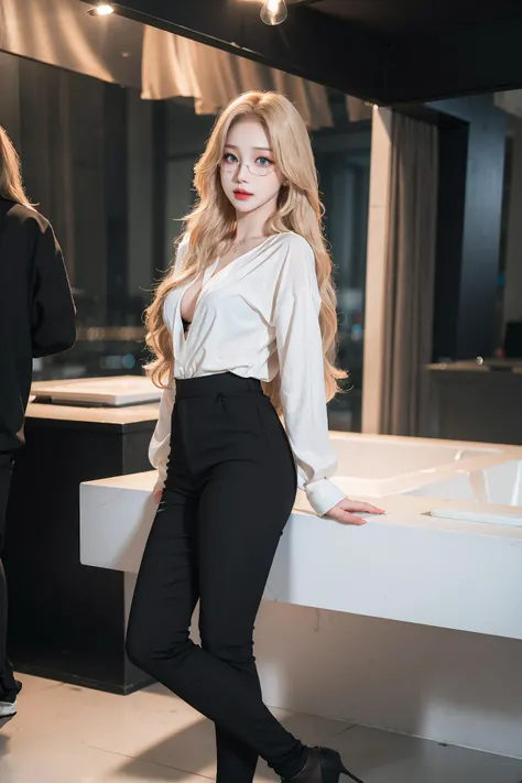 ((RAW photo, best quality)), (realistic, photo-realistic:1.3), masterpiece, an extremely delicate and beautiful, extremely detailed, CG, unity , 2k wallpaper, Amazing, finely detail, light smile, extremely detailed CG unity 8k wallpaper, huge file size, ultra-detailed, high resolution, absurdres, soft light, beautiful detailed girl, detailed fingers, extremely detailed eyes and face, beautiful detailed nose, beautiful detailed eyes, long eyelashes, light on face, looking at viewer, 1girl, (full body), ((small breasts)), realistic face, realistic body, beautiful detailed thigh, <lora:Sexy_Office_Lady:0.5>, long hair, breasts, looking at viewer, blue eyes, skirt, blond hair, shirt, long sleeves, white shirt, glasses, pants, black skirt, blurry, lips, blurry background, black pants, red lips, <lora:aespaKarina_aespaKarinaV5:0.5> , <lora:koreanDollLikeness_v15:0.2> ,(ulzzang-6500-v1.1:0.4),<lora:cuteGirlMix4_v10:0.2>