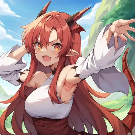 score_9, score_8_up, score_7_up, source_anime, masterpiece, 1girl, tania, red hair, eyes, white leotard, black thighhighs, detached sleeves, dragon tail, outdoors, cowboy shot, upper body, from side, looking at viewer, open mouth, armpit crease, armpit peek, skin fang, <lora:TaniaPONYXL:0.8>,