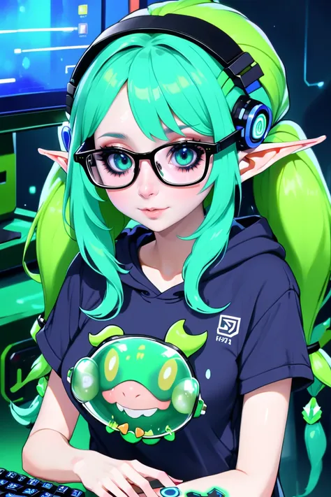 punk nerdcore, hornrim glasses, gaming rig, t-shirt, 1girl, woman, scifi, "new weird", elf, netrunner, full body, wearing skin-tight futuristic casual clothes, bombshell hair, blue-green hair, parted bangs,Root Melt, average figure, caucasian<lora:EnvyNerdcoreXL01:1>