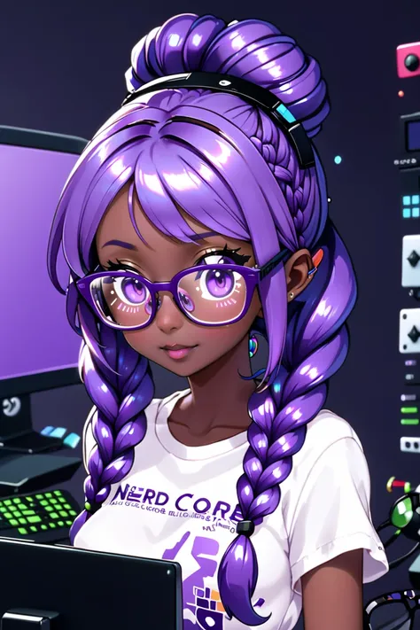 nerdcore, thick glasses, gaming rig, anime girl t-shirt, 1girl, woman, Vanilla fairy princess, see-through gossamer, bombshell hair, muted purple hair, Tousled Hair,side braid, soft body, wide hips, narrow waist, small breasts, (dark skin:1.3)<lora:EnvyNerdcoreXL01:1>