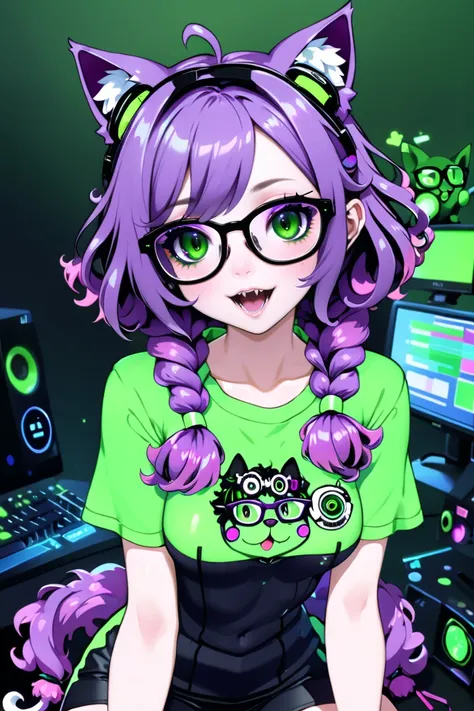 emo nerdcore, thick glasses, gaming rig, pocket protector, 1girl, woman, (sophisticated Psychedelica:1.3) cute catgirl, full body, [:revealing, skimpy costume design,:0.2], bombshell hair, matte violet hair with green highlights, Tuck and Roll,curly hair, long hair, soft body, wide hips, narrow waist, medium breasts, korean<lora:EnvyNerdcoreXL01:1>