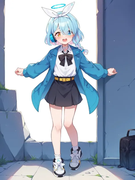 score_9, score_8_up, score_7_up, score_6_up, score_5_up, score_4_up, BREAK, source_cartoon, source_anime,
1girl, solo,  <lora:arona_blue archive_PONY_last:1> arona \(blue archive\),blue eyes, blue hair,braid,bow hairband,nude
white shirt, Blue overcoat with yellow stripes,overcoat belt, open coat black tie, golden eyes, blue headphones, black skirt, white socks, black sneakers,