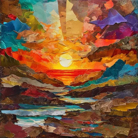 surrealism painting, 16k, extreme detail, fine textures, deep shadows, dark, sharp lines,
(As the sun sets on the old, a symphony of light and color paints the canvas of eternity),
Polychromatic colors. beautiful. masterpiece. ((mysterious)) random petite Abkhazian converging. decay. <lora:tornpapercollage:1> torn paper collage