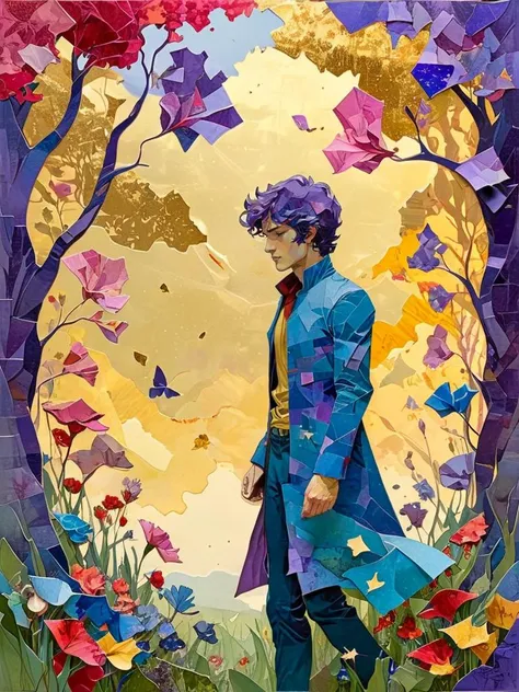 (color ink painting moebius, comic book style), by Daniel Merriam
a walk in a flowering spring garden, by Aaron Douglas, in bright gold and pinks and reds and blues and lilac, with the silhouette of a person torn from deep blue tissue paper
<lora:xl_more_art-full_v1:0.9> <lora:tornpapercollage-sdxl-v1:1> torn paper collage, ((style by Jason Gonzales and MÅbius))