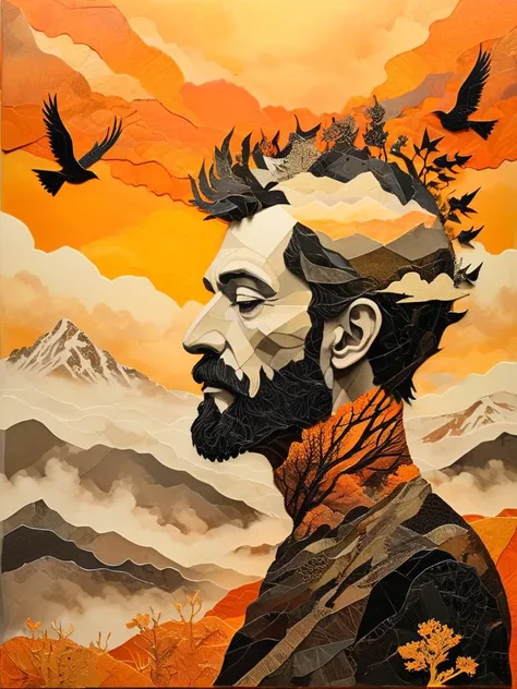 remarkable black old pine trees and misty mountains are growing in a bearded man's head, against a stunning orange and golden sunset, swarm of birds, mist, distant fog, intricate, ultra-detailed line-art, Zentangle Art, by Charles Wysocki, Ivan Generalic, Aubrey Beardsley, Salvador Dali, Ivan Lackovic
 <lora:tornpapercollage:1> torn paper collage
 <lora:xl_more_art-full_v1:0.85>