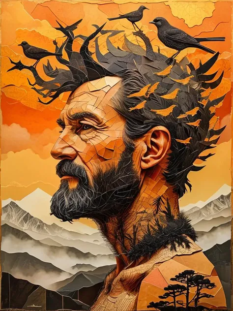 remarkable black old pine trees and misty mountains are growing in a bearded man's head, against a stunning orange and golden sunset; swarm of birds, mist, distant fog, intricate, detailed, extremely-ultra-detailed line-art, Zentangle Art, by Charles Wysocki, Ivan Generalic, Aubrey Beardsley, Salvador Dali, Ivan Lackovic
<lora:tornpapercollage:1> torn paper collage