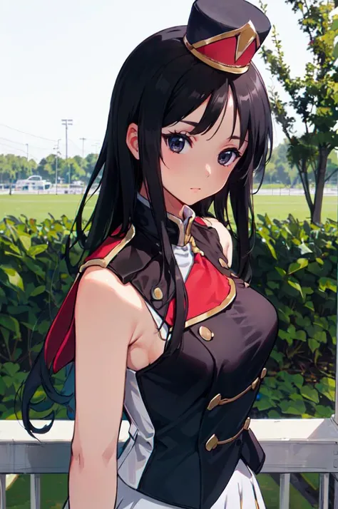 <lora:sunfes-v2:0.8> sunfes, uniform, mini shako cap, <lora:akiyama_mio:0.8> aamio,black eyes,long hair,hime cut,blunt bangs,, ultra detailed, masterpiece, best quality, aesthetic, detailed,