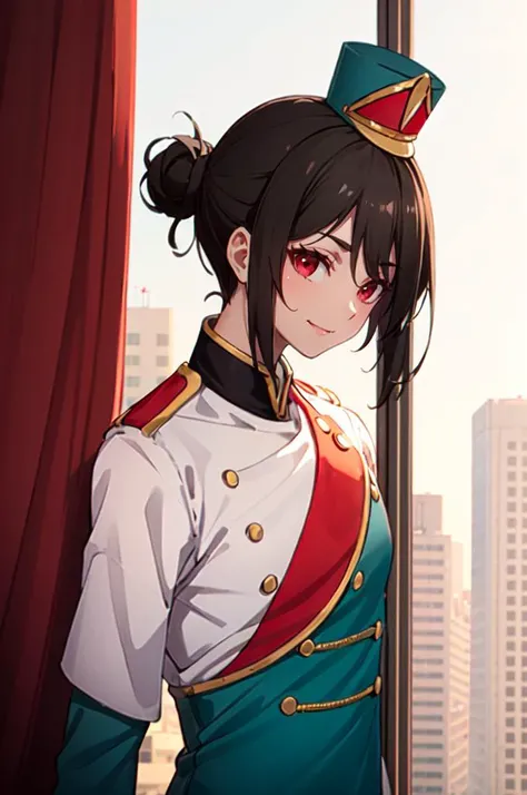 <lora:sunfes-v2:0.8> sunfes, uniform, mini shako cap,, ultra detailed, masterpiece, best quality, aesthetic, detailed,, solo, smug smile, 1boy, red eyes, <lora:Tsurime3:0.7>, (tsurime:1.2), black hair, undercut, top knot, parted bangs, long bangs, bangs, short hair, hair intakes, tall,