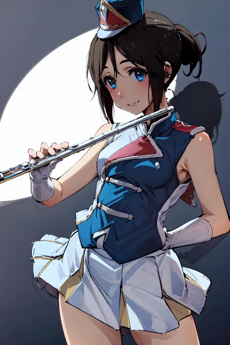 1girl, blue eyes, sunfes, uniform, (mini shako cap:0.8), short ponytail, flute, playing flute, <lora:nozomi :0.8:OUTD> <lora:brass_flute:0.9> <lora:sunfes-v2:0.9> , white serafuku, smile, small breasts,