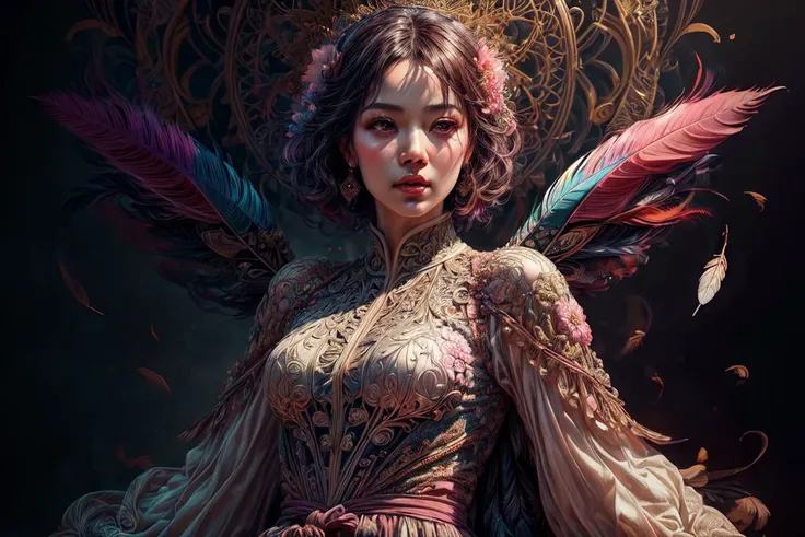 erjie, <lora:Threesister-erjiev2:0.3>,girl in a fluid and dynamic pose, wearing a loose, flowing pink dress, mysterious expression, curly black and pink hair, [Zhang Ziyi|Aishwarya Rai], in a modern and abstract setting, with bold and colorful abstract art, blurred background, bright lighting, official art, unity 8k wallpaper, (zentangle, mandala, tangle, entangle), intricate clothes,zhongfenghua <lora:zhongfenghua:0.1> <lora:oc_v10:0.1><lora:lowra_v10:0.1> <lyco:gpts4 lite dreamwave_278580:0.4>
(full body,from everywhere,top quality, best quality, official art, beautiful and aesthetic:1.2), extremely detailed,(fractal art:1.1),(colorful:1.1)(flowers:1.3),highest detailed,(zentangle:1.2), (dynamic pose), (abstract background:1.3), (shiny skin), (many colors:1.4), (feathers:1.5), dynamic angle, the most beautiful form of chaos, elegant, a brutalist designed, vivid colours, romanticism, ((masterpiece), (extremely intricate), (((photorealistic photo,intricate details on clothing))), (perfect composition:1.4), aspect ratio 1:1,deviantart hd, artstation hd, concept art, detailed face and body, award-winning photography, margins, detailed face, professional oil painting by Ed Blinkey, Atey Ghailan, Jeremy Mann, Greg Manchess, Alex Gray, trending on ArtStation, trending on CGSociety, intricate, high detail, sharp focus, dramatic, award winning matte drawing cinematic lighting octane render unreal engine volumetrics dtx,<lora:add_detail:2>
