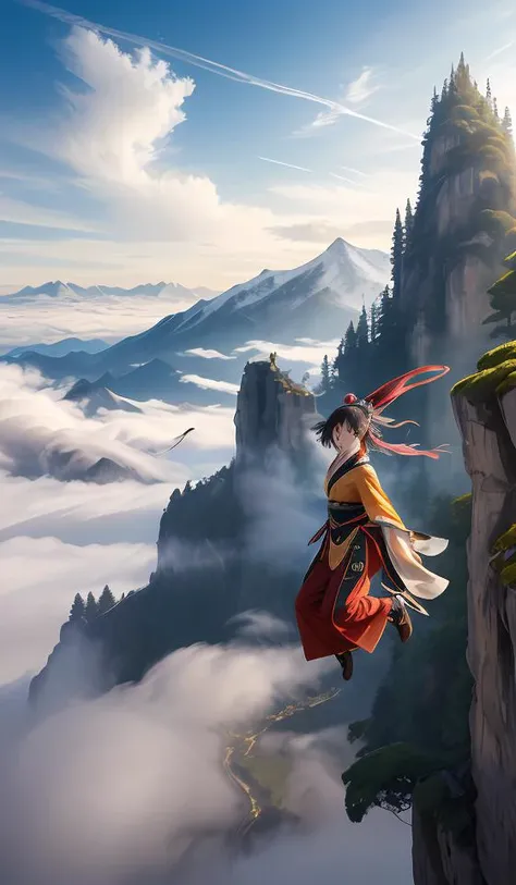 anime,1girl,hanfu,long legs,cool,fan,luxray,high mountains,oriental architectures,smoke and cloudy,No gravity,flying and jumping,wuxia's world,[eagle],medium full shot,face ultra detailed,close up,