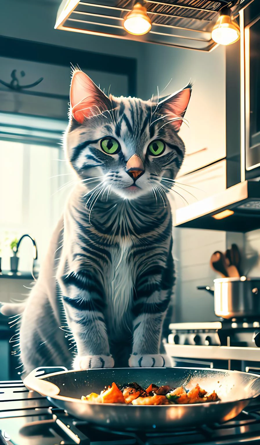 close-up photography of (grey tabby cat:1.2), cooking fish, (c4ttitude:1.3), in glasstech kitchen, hyper realistic, intricate detail, (foggy:1.1), <lora:GlassTech-20:0.8>, pov from below