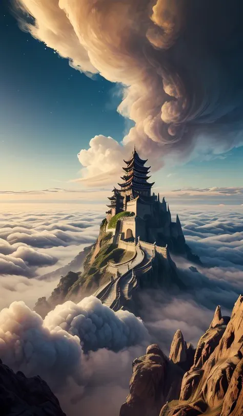 DUNGHUANG,DUNGHUANG BACKGROUND,on the sky,on the clouds,Fairyland, surrounded by clouds and smoke, oriental palace bridge, monster, abstract dream, space, intricate, grand scale, alone, cinematic film still, insane detail, sharp focus, depth of field, realistic lighting, (realistic perspective), complex, (multiple subjects), 4k HDR, <lora:add_detail:0.5> <lora:more_details:0.25> <lora:FantasyWorldV1:0.25>