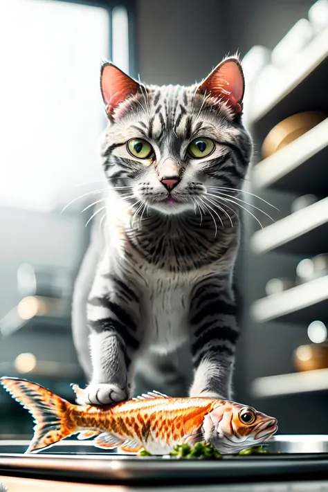 close-up photography of (grey tabby cat:1.2), cooking fish, (c4ttitude:1.3), in glasstech kitchen, hyper realistic, intricate detail, (foggy:1.1), <lora:GlassTech-20:0.8>, pov from below