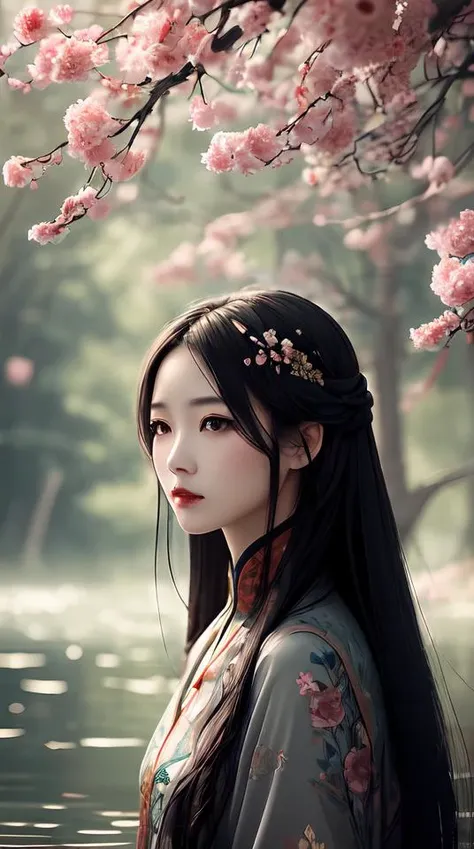 a woman with long black hair is surrounded by water with flowers, in the style of dreamlike realism, dark gray and orange, han dynasty, soft-focus portraits, dark colors, harmonious coloration, somber mood