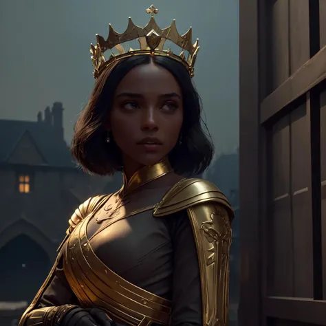 modelshoot style, (extremely detailed CG unity 8k wallpaper), full shot body photo of the most beautiful artwork in the world, medieval queen, green vale, dark skin, black woman, golden crown, diamonds, medieval architecture, professional majestic oil painting by Ed Blinkey, Atey Ghailan, Studio Ghibli, by Jeremy Mann, Greg Manchess, Antonio Moro, trending on ArtStation, trending on CGSociety, Intricate, High Detail, Sharp focus, dramatic, photorealistic painting art by midjourney and greg rutkowski,(analog film:1.3) (vhs ) (photorealistic) (screencap) (cinematic lighting) (sharp focus) (80sDarkFantasySD15b:1.0),moonlight movieio,