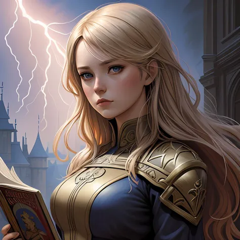 An epic fantasy comic book style portrait of a blond woman, castle setting, horror movie lightning, intricate, elegant, highly detailed, digital painting, artstation, concept art, matte, sharp focus, illustration, art by Artgerm and Greg Rutkowski and Alphonse Mucha