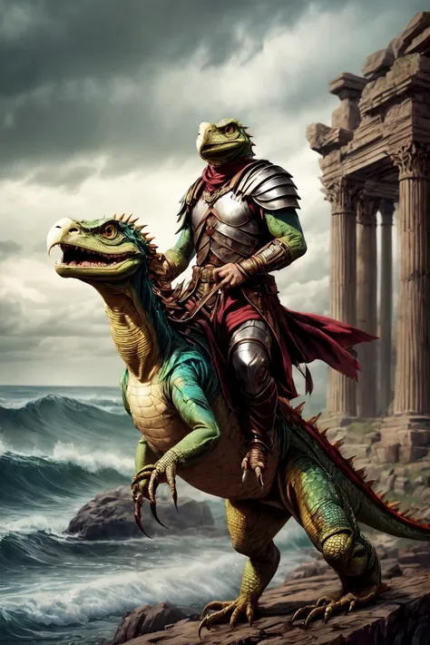 An ancient anthropomorphic eagle command(eaglecore:1.7),romanarmy <lora:ARWromanarmy:0.6>,wearing an ancient roman armor,holding things \( right hand holding wand or holding horsewhip\),riding a lizard<lora:riding_a:0.4>,
BREAK
mount \(lizard (lizardcore:1.4)\),
photography, beautiful, ancient roman architecture background, high detailed skin, skin pores, coastline, overcast weather, wind, waves, 8k uhd, dslr, soft lighting, high quality, film grain, Fujifilm XT3,<lora:add_detail:2>,