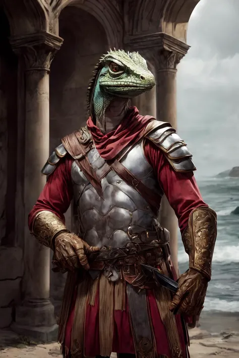 An ancient anthropomorphic colorful|rainbow lizard soldier(lizardcore:1.1),romanarmy <lora:ARWromanarmy:1>,wearing an ancient roman armor, holding spear or sword,photography, beautiful, ancient roman architecture background, high detailed skin, skin pores, coastline, overcast weather, wind, waves, 8k uhd, dslr, soft lighting, high quality, film grain, Fujifilm XT3,<lora:add_detail:2>,