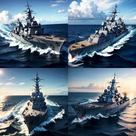 (raw photo:1.2),((photorealistic:1.4))best quality ,masterpiece, illustration, an extremely delicate and beautiful, extremely detailed ,unity ,8k wallpaper, Amazing,
(Fletcher-class destroyer:1.5)
Destroyer, depicting the battle of the Battle of the Atlantic between Allied convoys and German U-boats. A Fletcher-class destroyer, Anti-Submarine Warfare, combines the tactical challenge of commanding an anti-submarine warship to manage an entire convoy and protect it from relentless "wolf pack" attacks,
