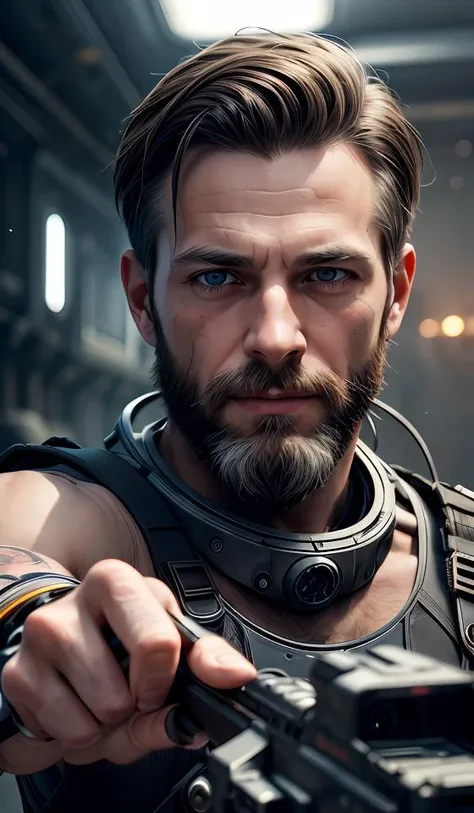 point at viewer,aim at viewer,two hand holding rifle at viewer,intricate detail,men with long beard,Semi mechanical, solo,portrait512 Cyborg512 Tay512,electronics, motors, wires, buttons, lcd,,wasteland,ruin,dusty,dry,space, intricate, grand scale, alone, cinematic film still, insane detail, sharp focus, depth of field, realistic lighting, (realistic perspective), complex, (multiple subjects), 4k HDR, <lora:add_detail:0.5> <lora:more_details:0.25> <lora:FantasyWorldV1:0.25>