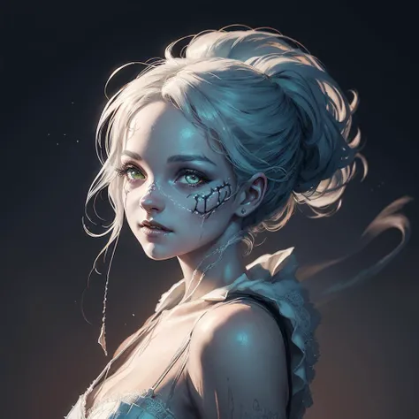 portrait of a cute ghst-3000, ghost girl, detailed, elegant, cinematic, spooky, detailed, intricate, elegant, cinematic, textured, detailed lighting