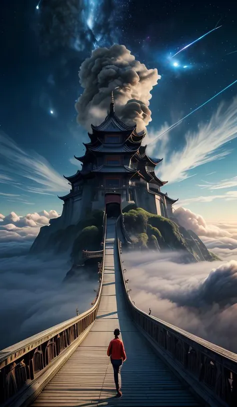 DUNGHUANG,DUNGHUANG BACKGROUND,on the sky,on the clouds,Fairyland, surrounded by clouds and smoke, oriental palace bridge, monster, abstract dream, space, intricate, grand scale, alone, cinematic film still, insane detail, sharp focus, depth of field, realistic lighting, (realistic perspective), complex, (multiple subjects), 4k HDR, <lora:add_detail:0.5> <lora:more_details:0.25> <lora:FantasyWorldV1:0.25>