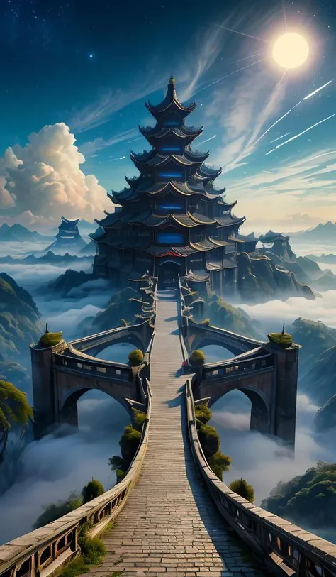 DUNGHUANG,DUNGHUANG BACKGROUND,on the sky,on the clouds,Fairyland, surrounded by clouds and smoke, oriental palace bridge, monster, abstract dream, space, intricate, grand scale, alone, cinematic film still, insane detail, sharp focus, depth of field, realistic lighting, (realistic perspective), complex, (multiple subjects), 4k HDR, <lora:add_detail:0.5> <lora:more_details:0.25> <lora:FantasyWorldV1:0.25>